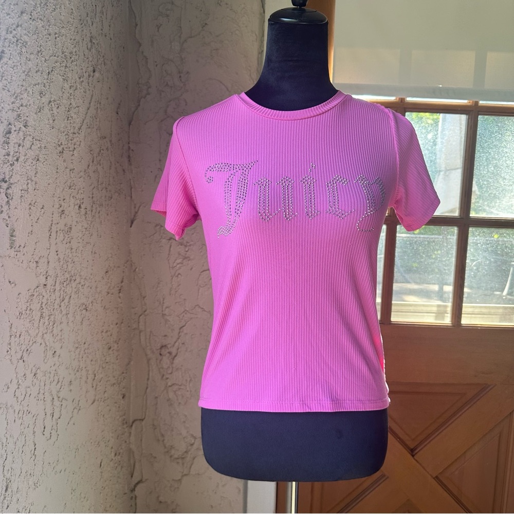 🦋 Juicy Couture Hot Pink Embellished Ribbed Short Sleeve Crew Neck Fitted Top 🩷